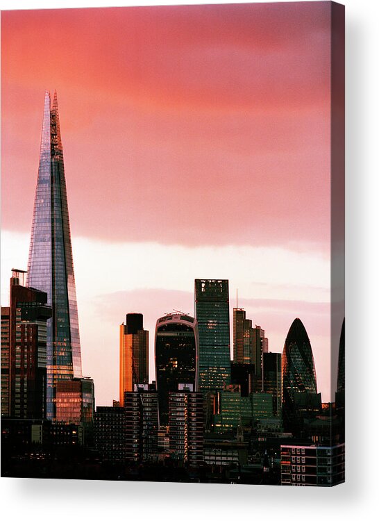 Corporate Business Acrylic Print featuring the photograph London City Skyline At Sunset - by Shomos Uddin
