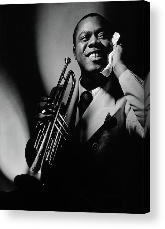 Portrait Acrylic Print featuring the photograph Louis Armstrong Holding A Trumpet by Anton Bruehl