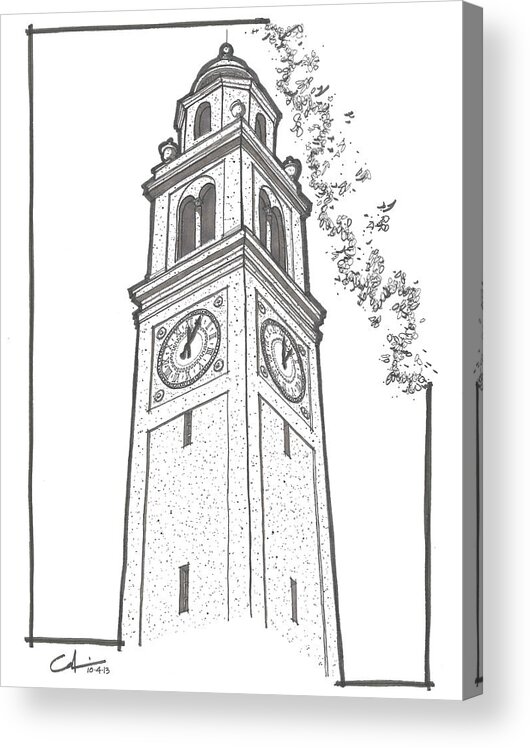 Tigers Acrylic Print featuring the drawing LSU Memorial Bell Tower by Calvin Durham