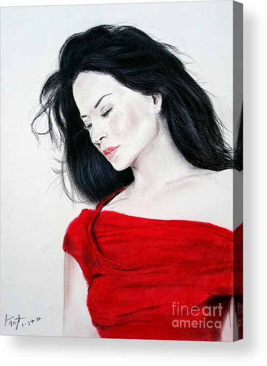 Drawing Acrylic Print featuring the mixed media Lucy Liu the Lady in Red by Jim Fitzpatrick