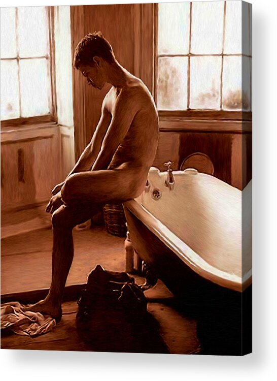 Naked Man Acrylic Print featuring the painting Man and Bath by Troy Caperton