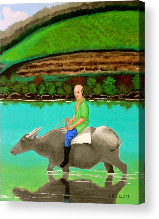 Landscape Acrylic Print featuring the painting Man Riding a Carabao by Cyril Maza