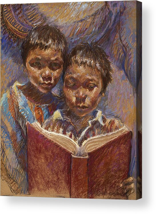 Hispanic Acrylic Print featuring the painting Mexican Brothers Reading by Ellen Dreibelbis