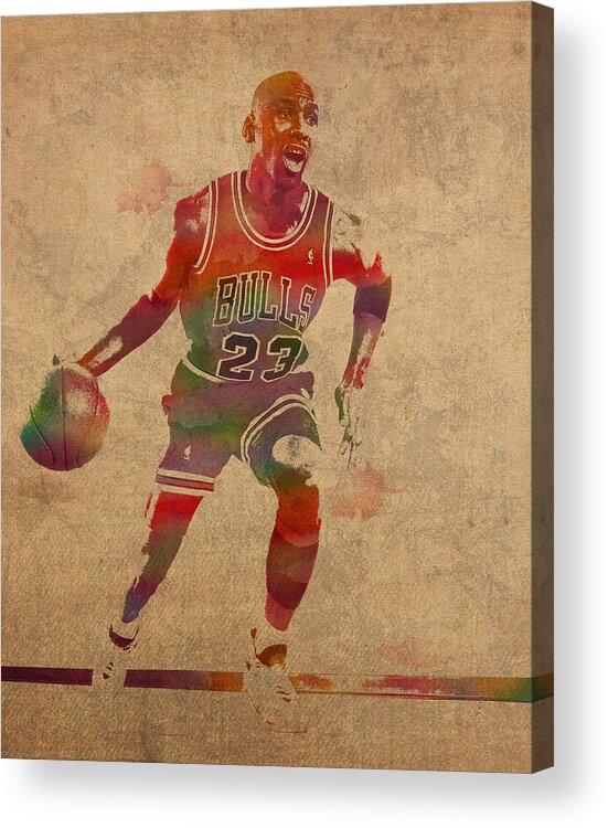 Michael Jordan Acrylic Print featuring the mixed media Michael Jordan Chicago Bulls Vintage Basketball Player Watercolor Portrait on Worn Distressed Canvas by Design Turnpike