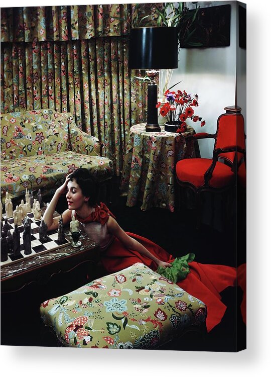 Indoors Acrylic Print featuring the photograph Model Leaning On A Chess Table by Horst P. Horst