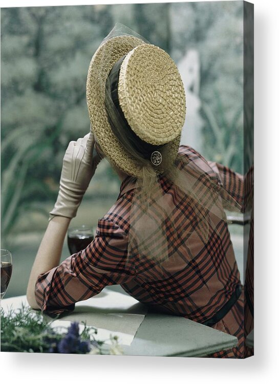 One Person Acrylic Print featuring the photograph Model Sitting At A Table Wearing A Boater Hat by Frances McLaughlin-Gill
