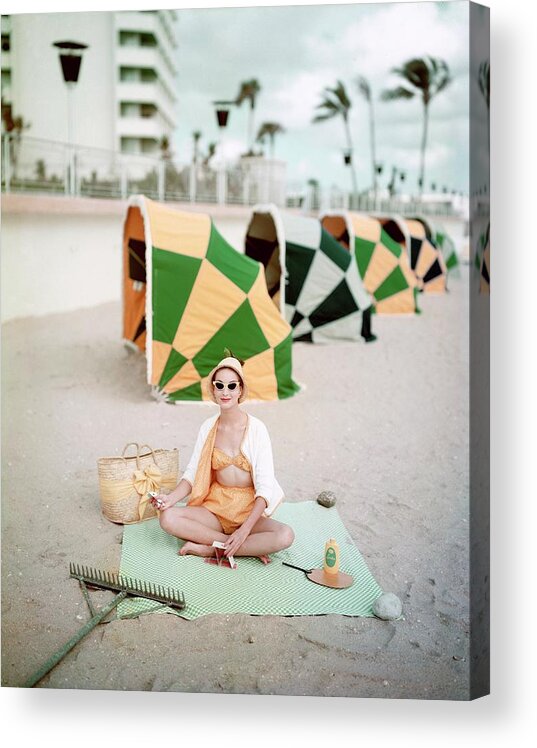Fashion Acrylic Print featuring the photograph Model Wearing Cabana Swimwear On A Beach by Richard Rutledge