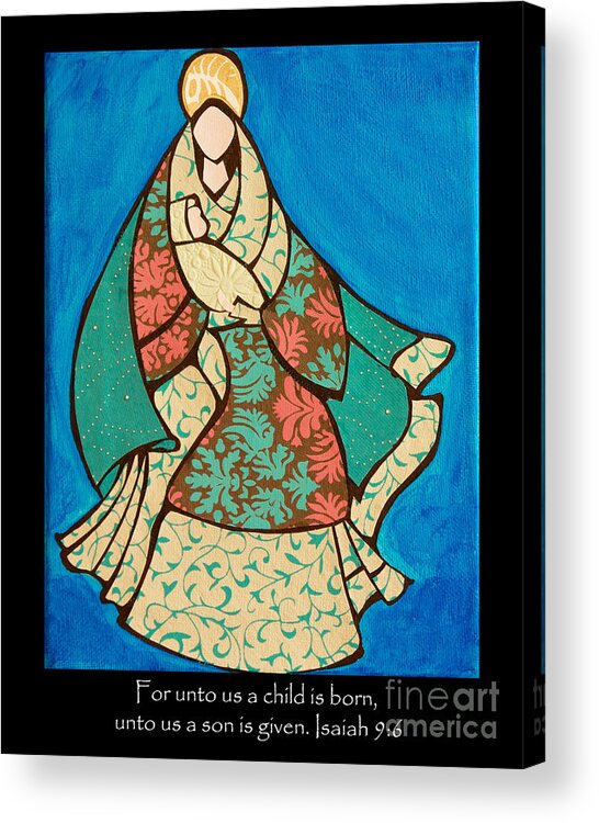 Mary Acrylic Print featuring the mixed media Mother Mary and Baby Jesus by Susan Cliett