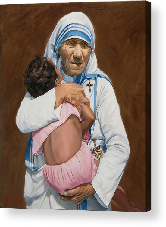 Mother Teresa Acrylic Print featuring the painting Mother Teresa holding a child by Dominique Amendola