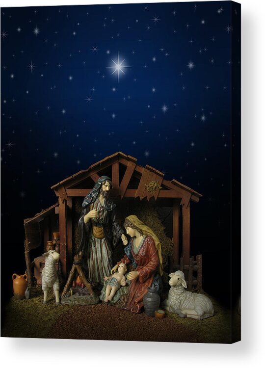 Holiday Acrylic Print featuring the photograph Nativity Scene at Night (with stable) by Duckycards