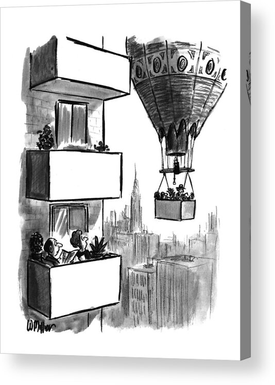 (couple Out On High-rise Balcony Watching As A Balloon Carrying A Balcony Passes Near Them)
Urban Acrylic Print featuring the drawing New Yorker August 23rd, 1993 by Warren Miller