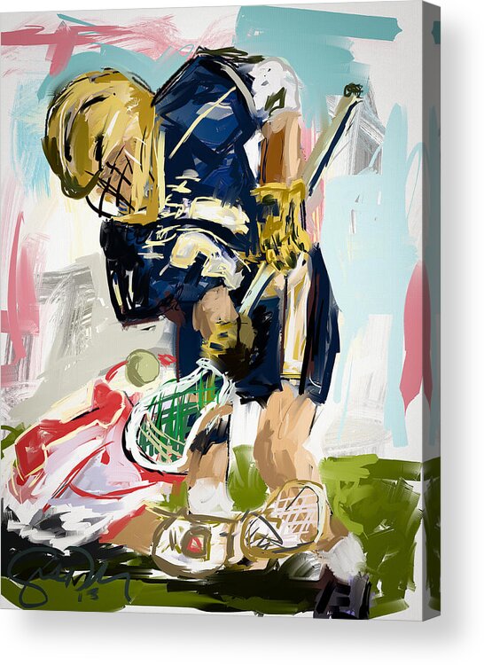 Notre Dame Acrylic Print featuring the painting College Lacrosse Faceoff 1 by Scott Melby
