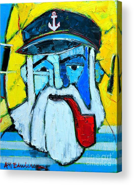 Sailor Acrylic Print featuring the painting Old Sailor With Pipe Expressionist Portrait by Ana Maria Edulescu