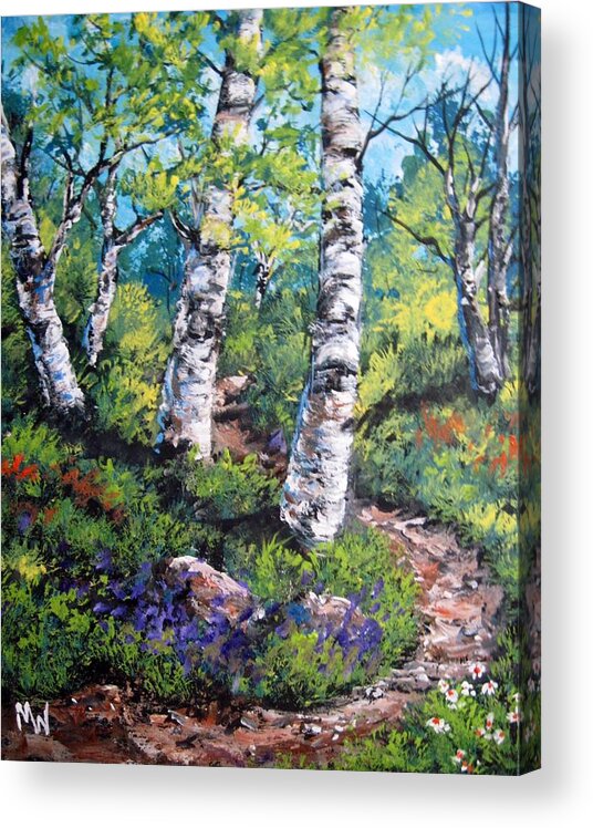 Birch Trees Acrylic Print featuring the painting On my way by Megan Walsh