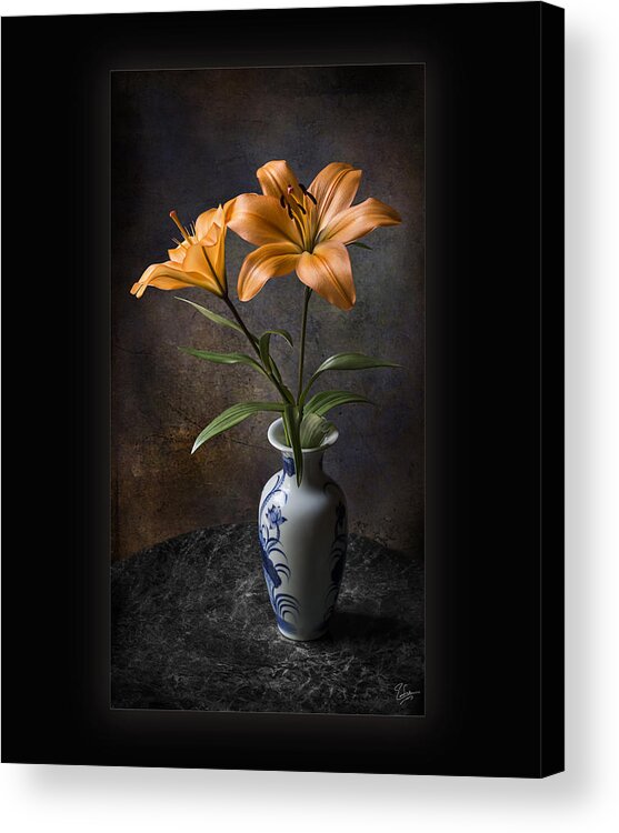 Flower Acrylic Print featuring the photograph Orange Asiatic Lilies in Vase by Endre Balogh