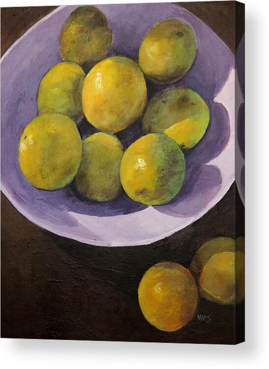 Oranges Acrylic Print featuring the painting Oranges In Violet Bowl by Walt Maes