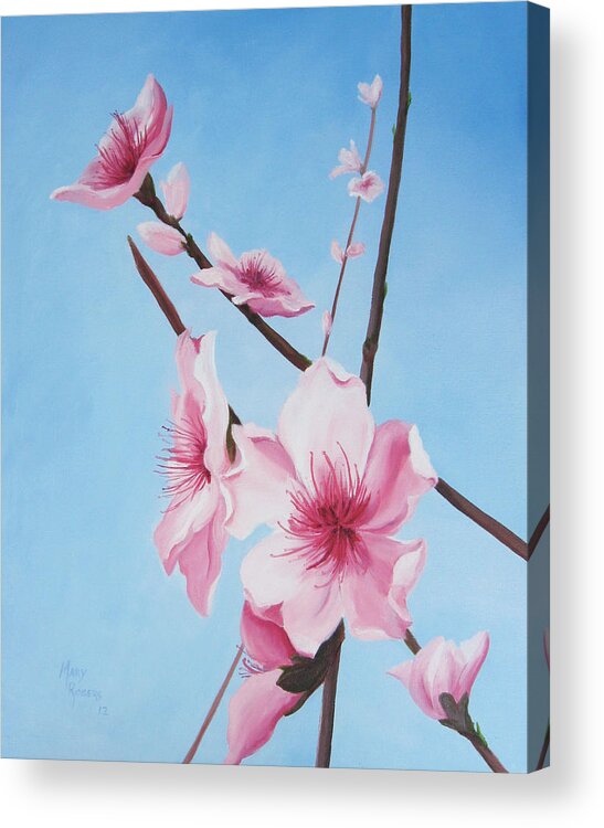 Nature Acrylic Print featuring the painting Peach Blossoms by Mary Rogers