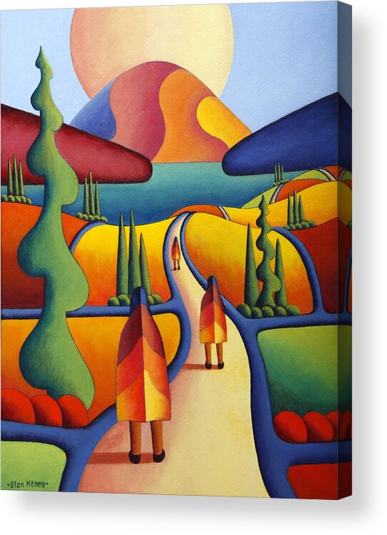 Pilgrimage  Acrylic Print featuring the painting Pilgrimage To The Sacred Mountain With 3 Figures by Alan Kenny