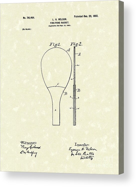 Nelson Acrylic Print featuring the drawing Ping-Pong Racket 1902 Patent Art by Prior Art Design