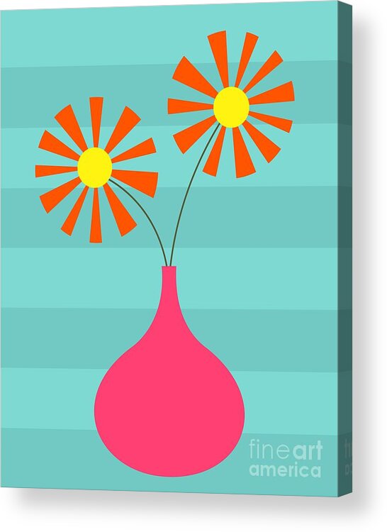 70s Acrylic Print featuring the digital art Pink Vase on Blue by Donna Mibus