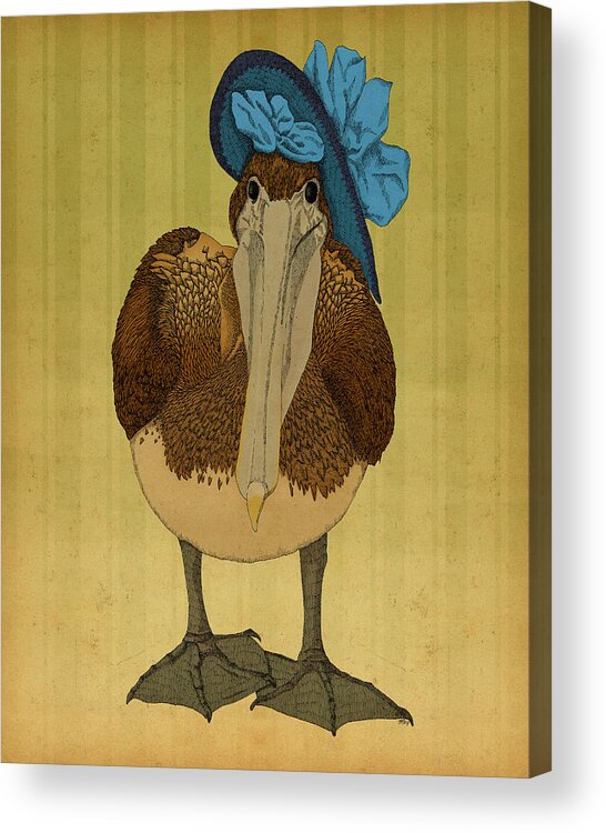 Pelican Hat Blue Victorian Bird Acrylic Print featuring the drawing Plumpskin Ploshkin Pelican Jill by Meg Shearer