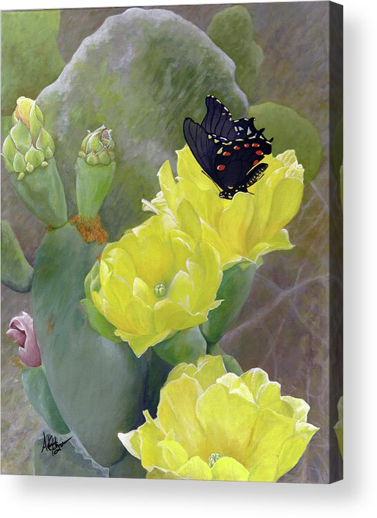 Cactus Acrylic Print featuring the painting Prickly Pear Flower by Adam Johnson