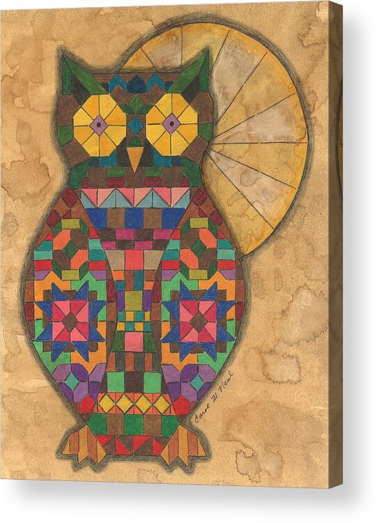 Owl Acrylic Print featuring the drawing Quilted Owl by Carol Neal