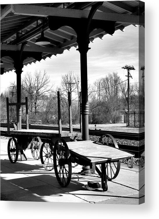 Bristol Acrylic Print featuring the photograph Railroad wagons in black and white by Denise Beverly