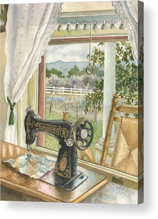 Sewing Machine Painting Acrylic Print featuring the painting Rainy Day on the Old Farm by Anne Gifford