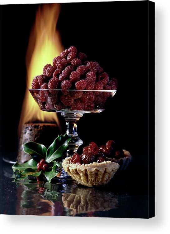 Food Acrylic Print featuring the photograph Raspberries In A Glass Serving Dish With Tarts by Fotiades