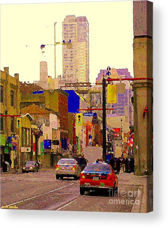 Toronto Acrylic Print featuring the painting Red Cab On Gerrard Chinatown Morning Toronto City Scape Paintings Canadian Urban Art Carole Spandau by Carole Spandau