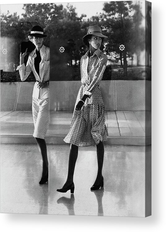 Fashion Acrylic Print featuring the photograph Reflection Of Models Wearing Patterned Skirts by Kourken Pakchanian
