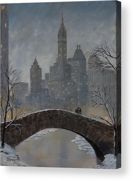 New York Acrylic Print featuring the painting Romance On Gapstow Bridge by William Stewart