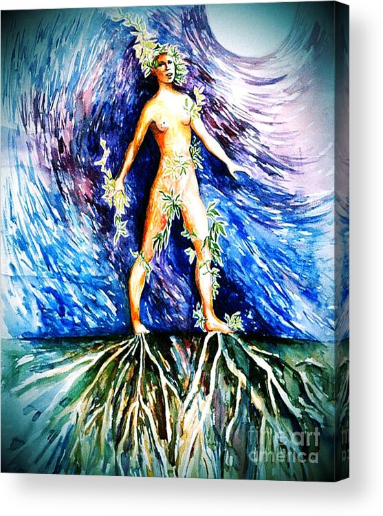 Watercolor; Female; Visionary Acrylic Print featuring the painting Rooted #2 by Nancy Wait