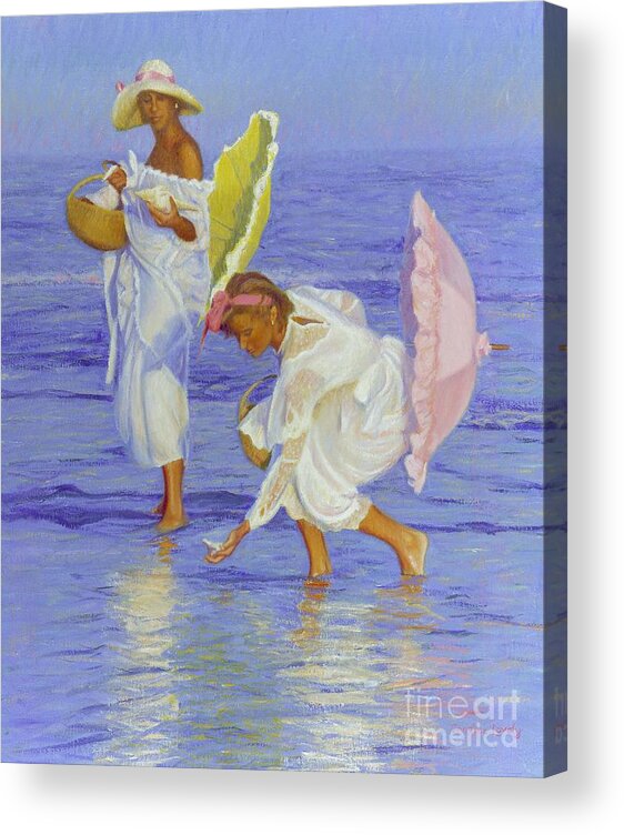 Fair Women Acrylic Print featuring the painting Searching for Shells by Candace Lovely