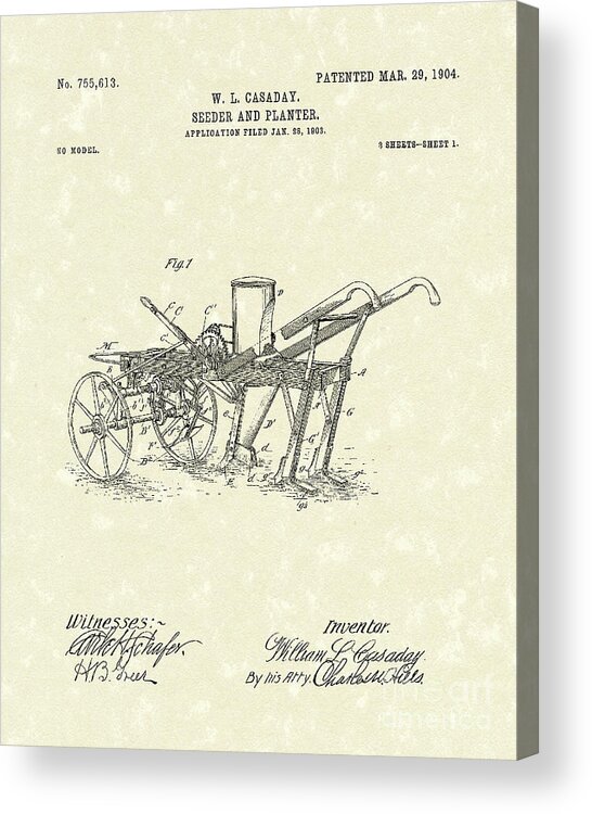 Caraday Acrylic Print featuring the drawing Seeder/Planter 1904 Patent Art by Prior Art Design