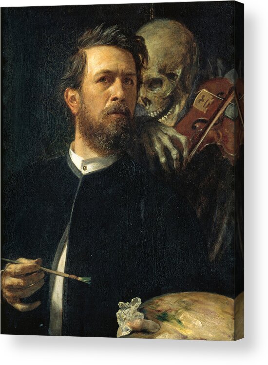 Arnold Boecklin Acrylic Print featuring the painting Self-Portrait with Death as a Fiddler by Arnold Boecklin