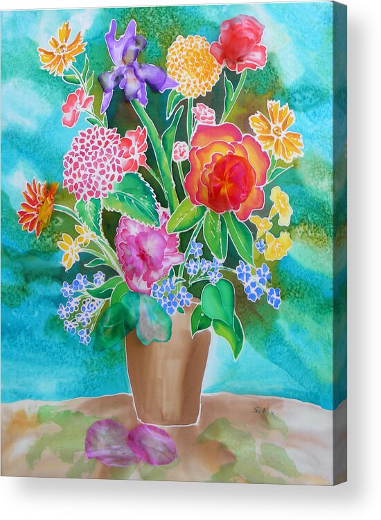 Silk Painting Acrylic Print featuring the painting Silk Teal Bouquet by Sandra Fox