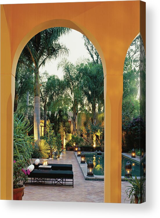 No People Acrylic Print featuring the photograph Spa Beds At Poolside by Scott Frances