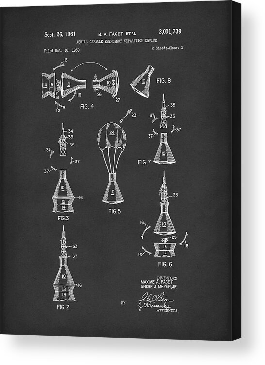 Faget Acrylic Print featuring the drawing Space Capsule 1961 Mercury Patent Art Black by Prior Art Design