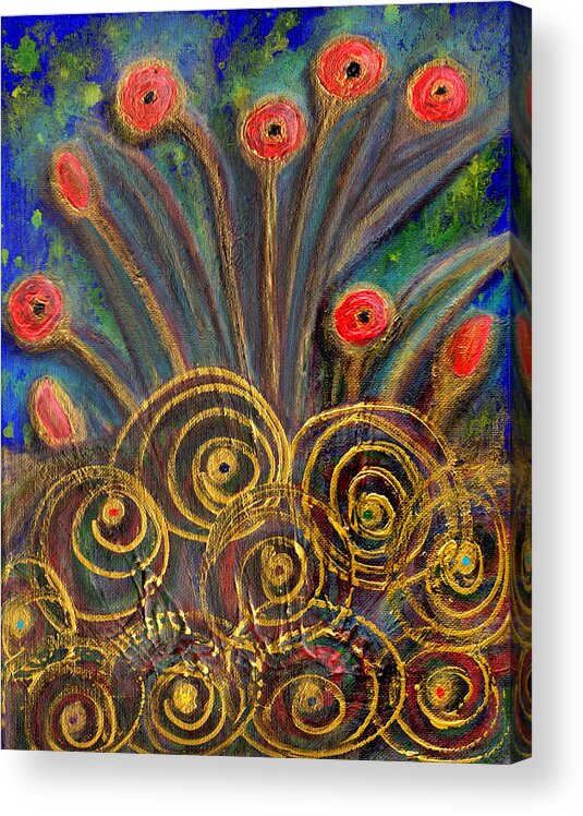 Flowers Acrylic Print featuring the painting Splashed Metal Madness by Carol Eliassen