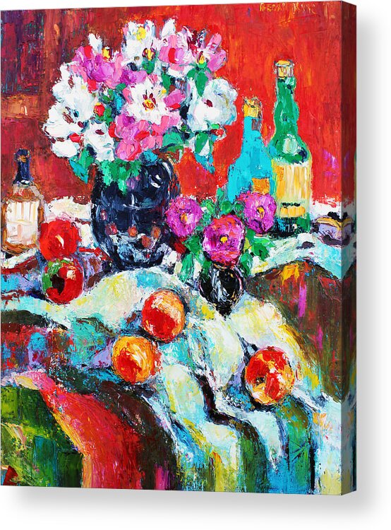 Still Life Acrylic Print featuring the painting Still Life in Studio with Blue Bottle by Becky Kim