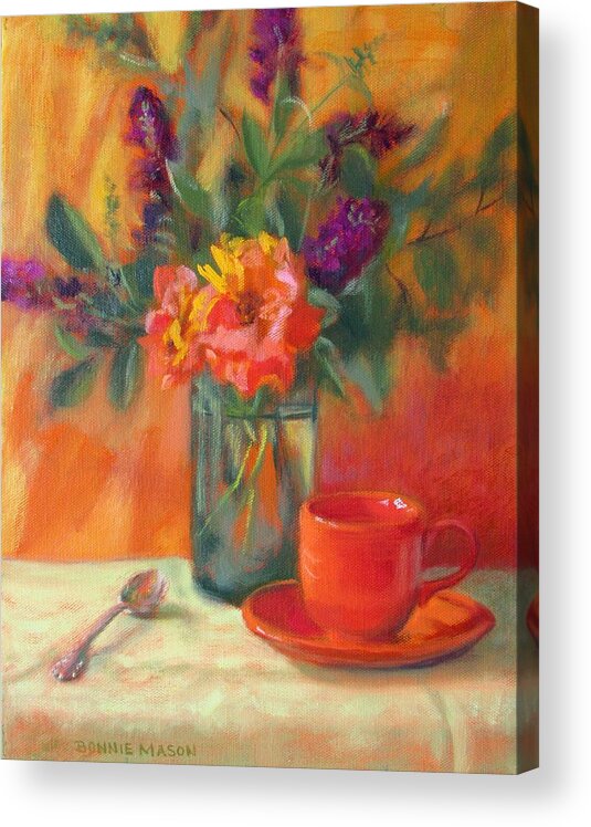 Oval Acrylic Print featuring the painting Summer Song- Orange Roses and Butterfly Bush Blooms by Bonnie Mason