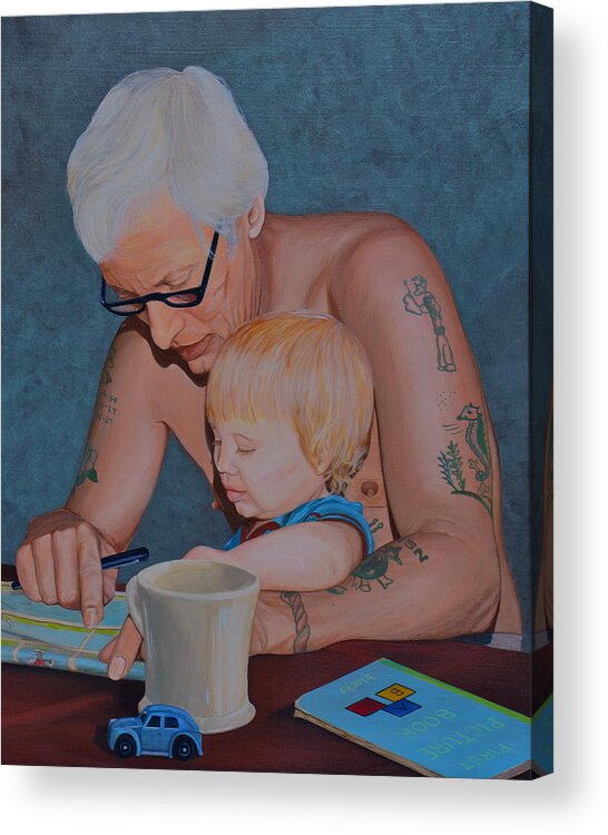 Father And Son Acrylic Print featuring the painting Sunday Paper by AnnaJo Vahle