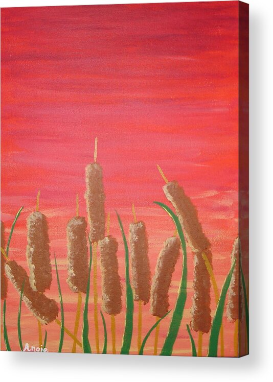 Landscape Acrylic Print featuring the painting Sunst Cattails by Angie Butler