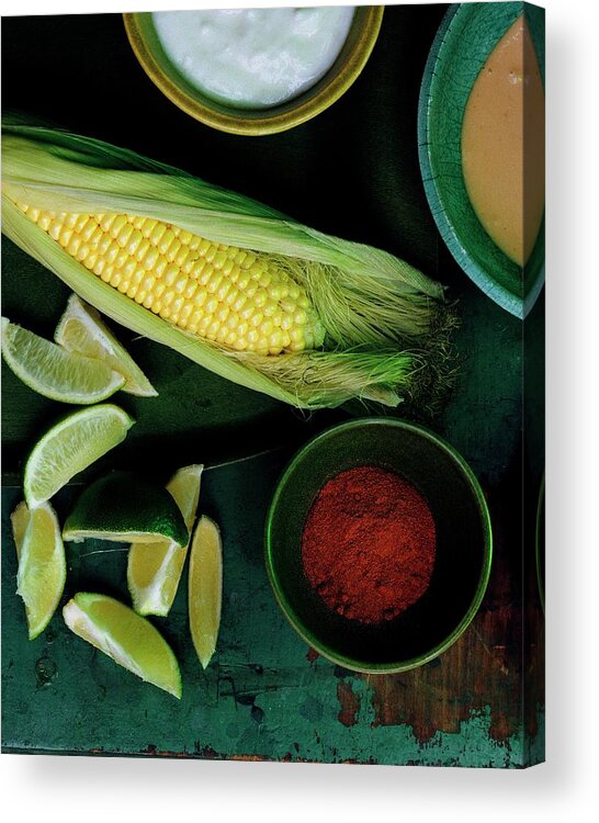 Fruitsvegetablesnobodystudio Shotstill Lifefoodgrainlimefruithealthy Eatingspiceview From Abovefreshready-to-eatprepared Foodcayennesaltmineralcorn On The Cobmayonnaisesalt #condenastgourmetphotograph September 1st 2006 Acrylic Print featuring the photograph Sweetcorn And Limes by Romulo Yanes