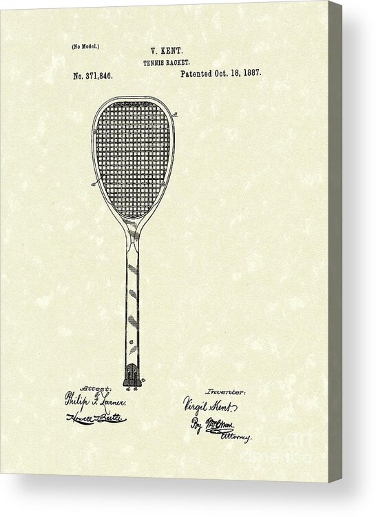 Kent Acrylic Print featuring the drawing Tennis Racket 1887 Patent Art by Prior Art Design