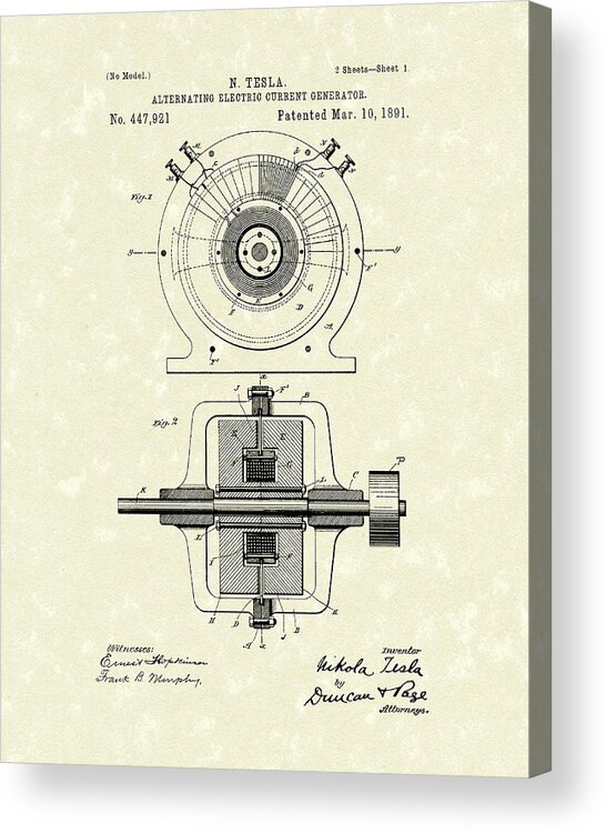Tesla Acrylic Print featuring the drawing Tesla Generator 1891 Patent Art by Prior Art Design