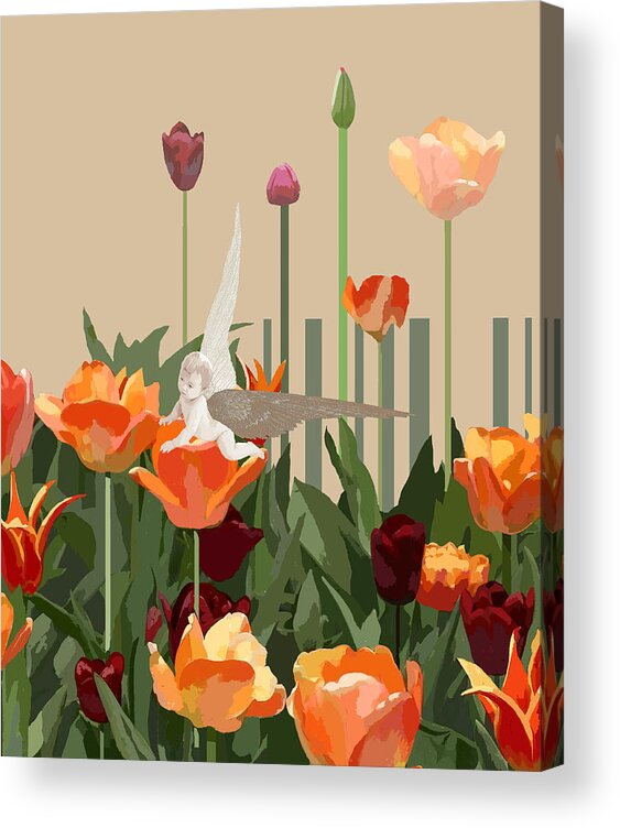 Angel Acrylic Print featuring the digital art A little angel with tulips by Victoria Fomina