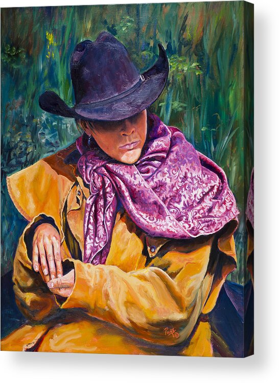 Cowboy Acrylic Print featuring the painting The Purple Scarf by Page Holland